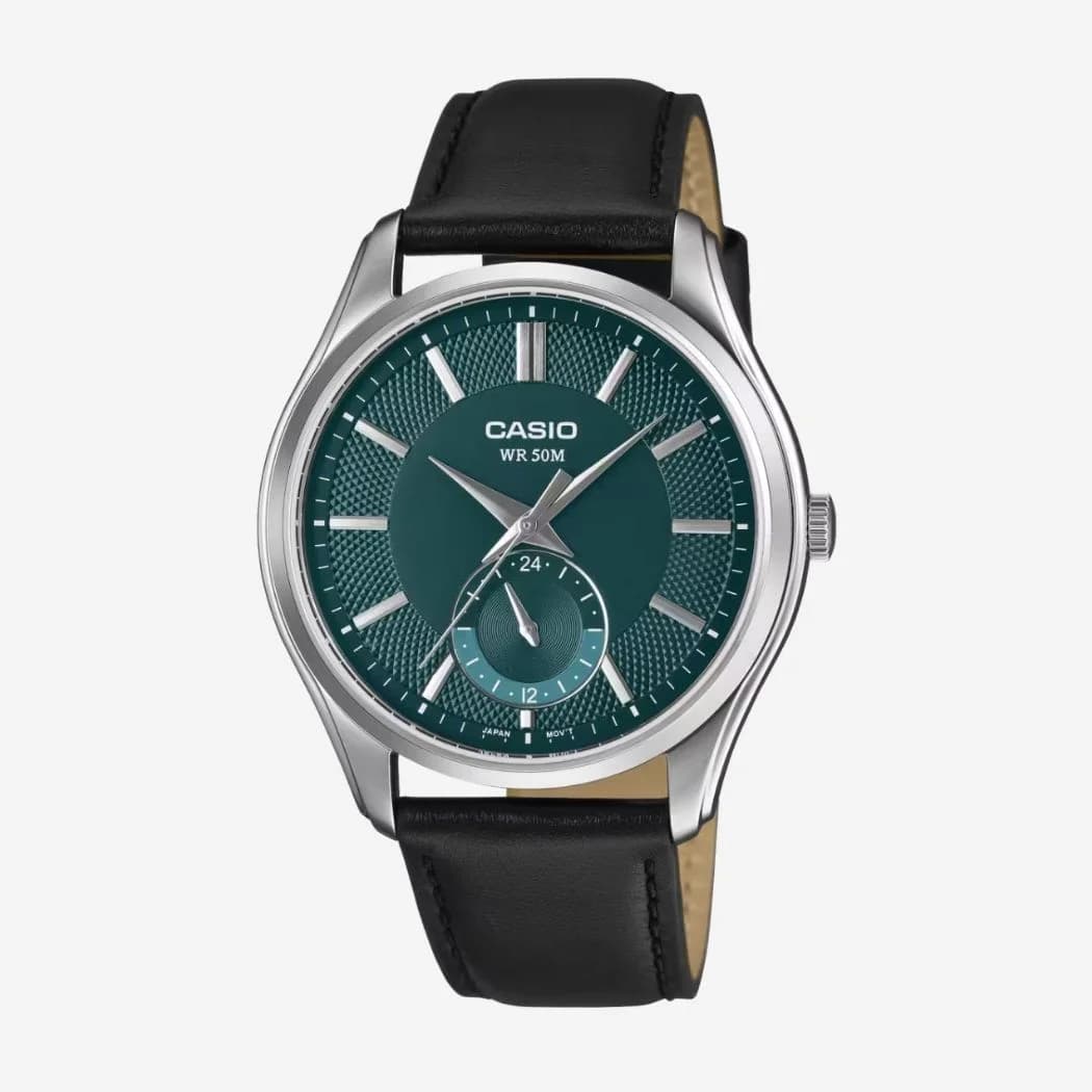 Montre CASIO Homme Classique, Quartz, Cadran Rond Vert 40 mm, Fonction Date, Verre Minéral, Boîtier Acier, Bracelet Cuir Noir, Étanche 50m, Usage Quotidien – MTP-B315L-3AVDF